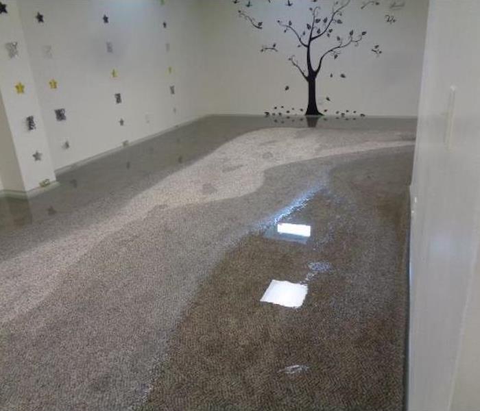 Daycare facility with painted walls and standing water on a carpeted floor