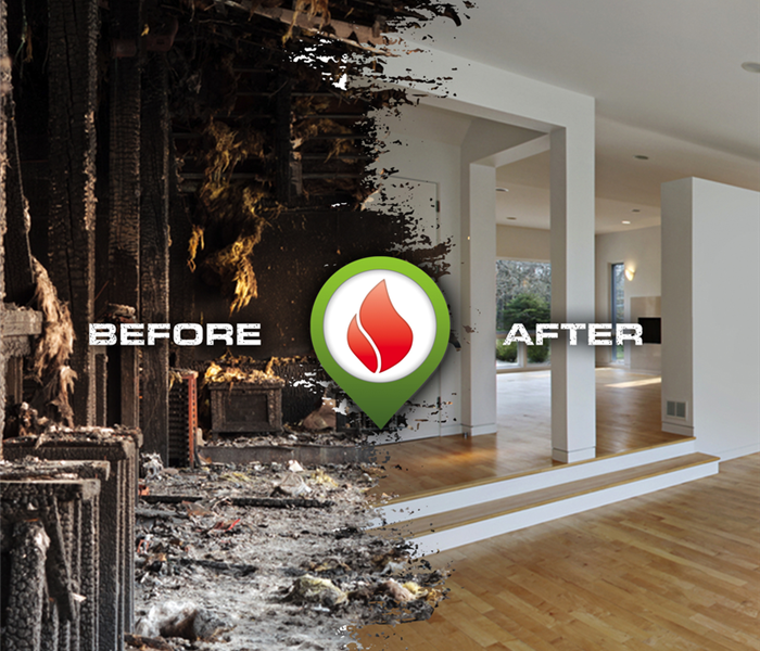 Before and after picture of fire damage in a home. Left: charred wood and ashes. Right: is new flooring and walls. 